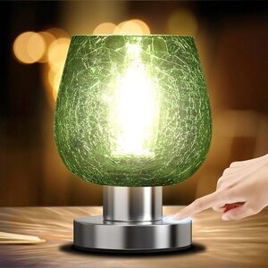 Touch Bedside Table Lamp Vintage Green Crackle Warm LED Led Bulb, 3 Way Dimmable
